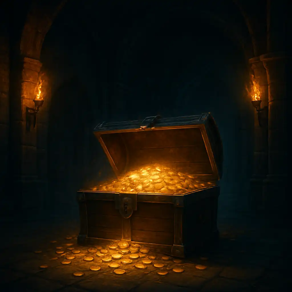 Treasure chest glowing with gold coins inside a torch-lit fortress vault, MorosWin bonuses illustration