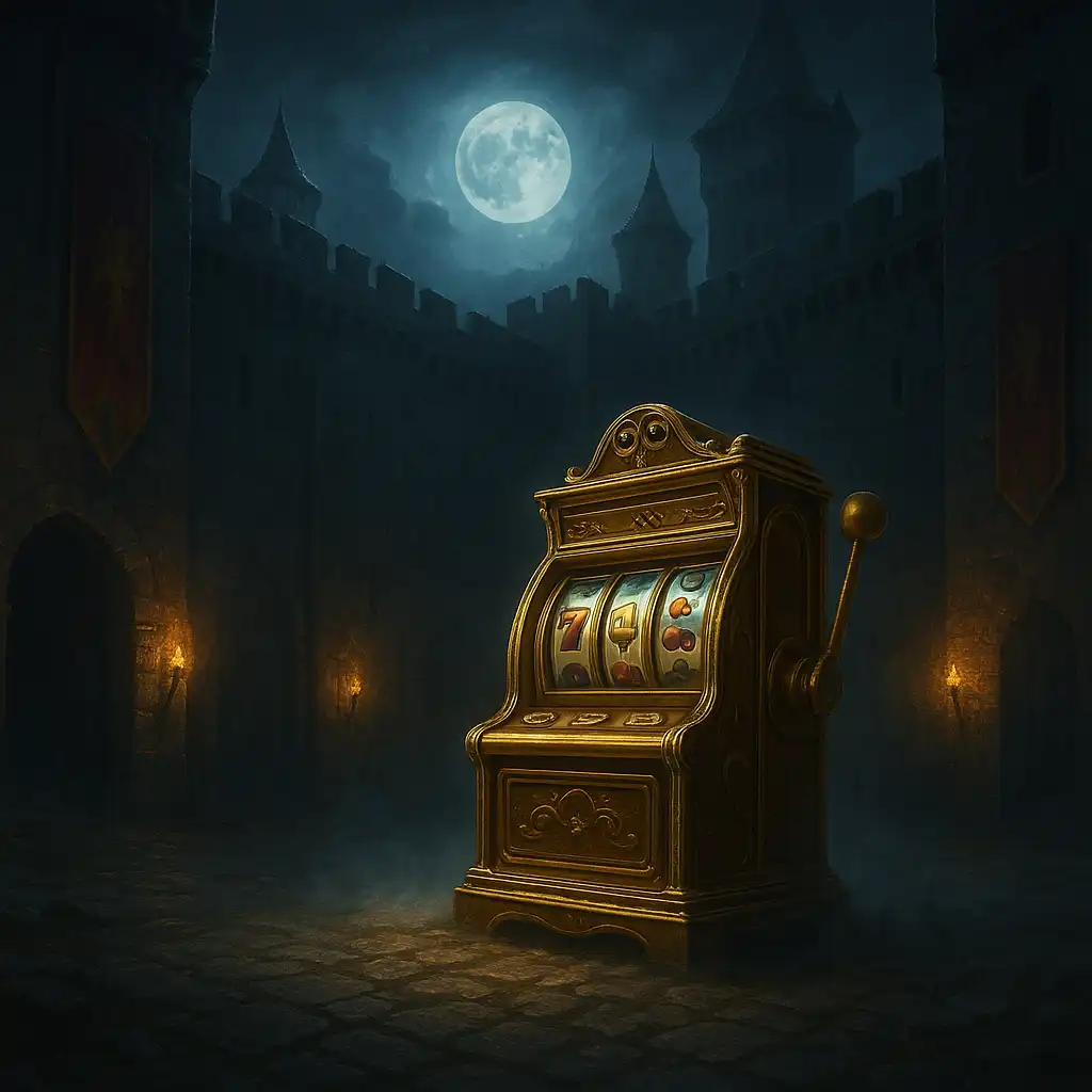 Moonlit medieval fortress with glowing torches and elegant slot machines in the courtyard, MorosWin Casino hero illustration