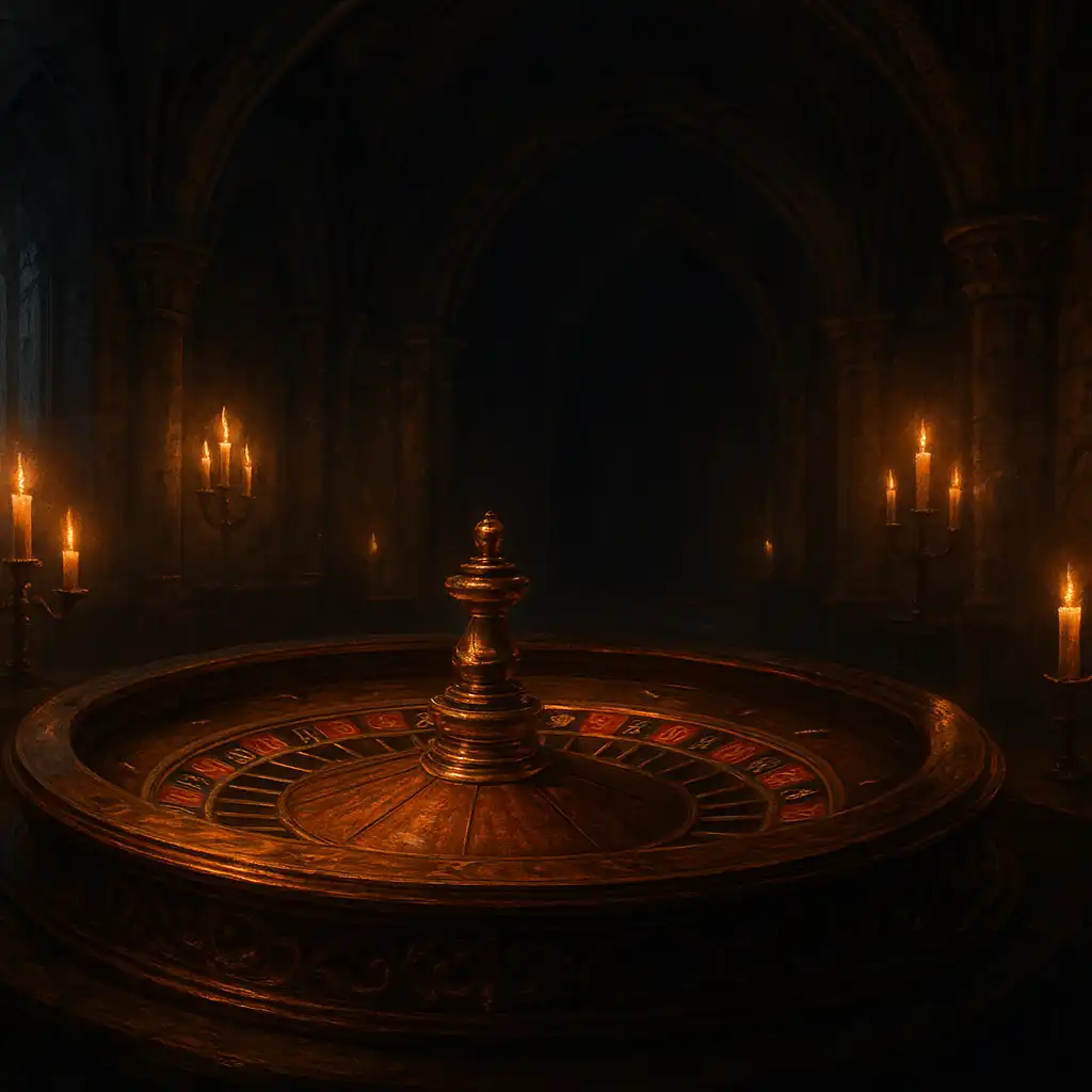 Ornate roulette wheel glowing under candlelight inside a medieval fortress gaming hall