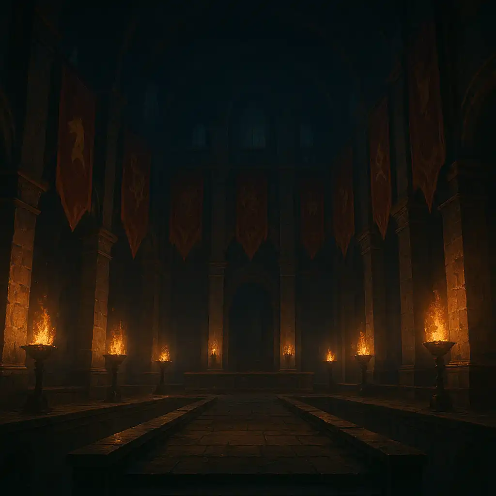 Illuminated banners of a medieval fortress hall representing the MorosWin sportsbook arena