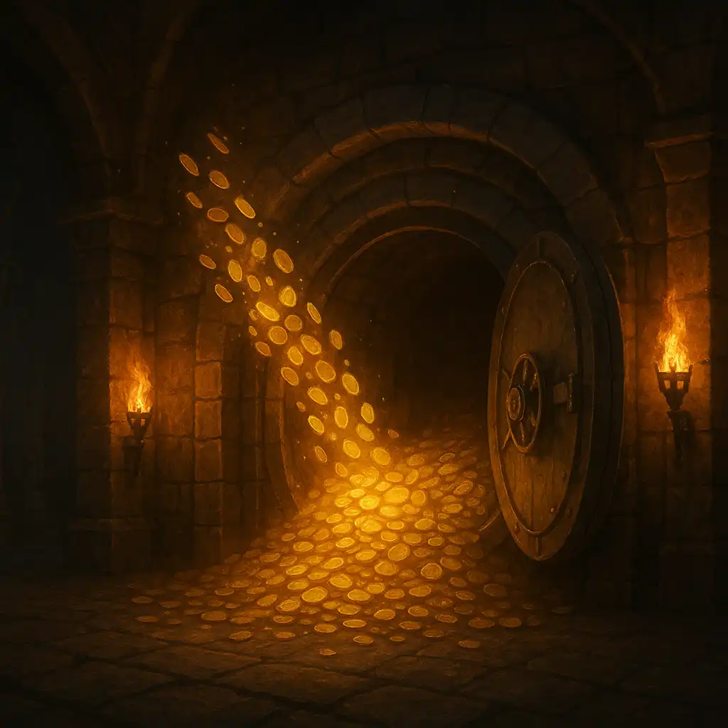 Glowing coins and torches representing a casino deposit, illustration
