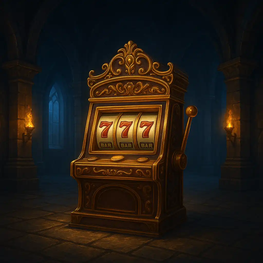 Elegant slot machine glowing inside a stone fortress hall, illustration