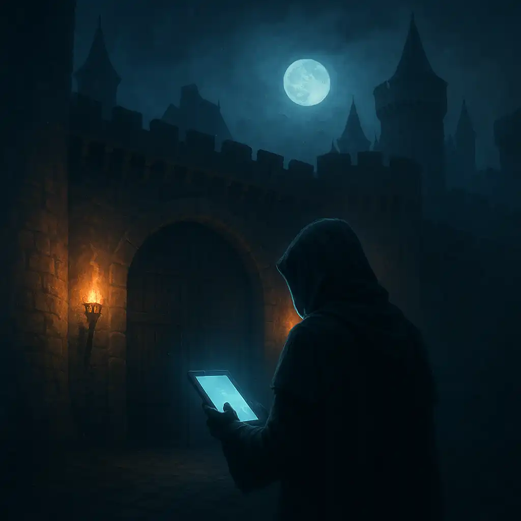 Player registering an account at a gothic fortress gate, illustration